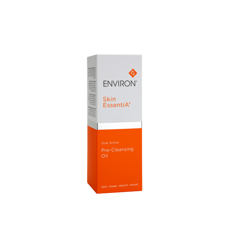 Environ Dual Action Pre-Cleansing Oil in a clear bottle with pump dispenser, designed for deep facial cleansing.