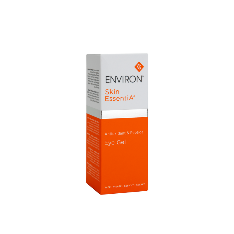 Environ antioxidant and peptide eye gel in a clear jar with a white lid, showing the product label and gel inside.