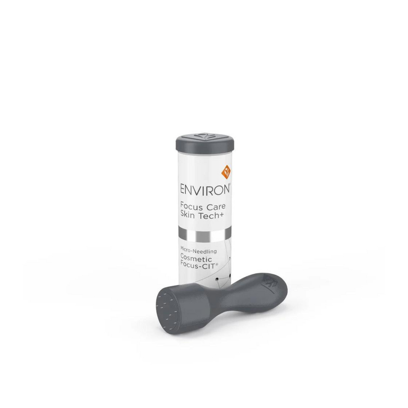 Environ Cosmetic Focus-CIT® 0.1 mm micro-needling device with a sleek metallic handle and fine needle tips for skincare treatments.
