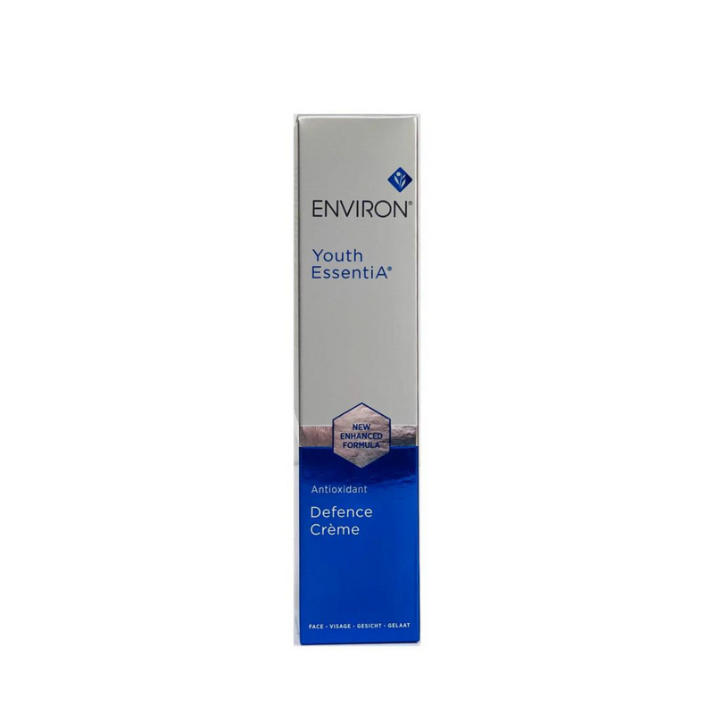 Environ Antioxidant Defence Crème in a jar, featuring a smooth cream texture with a silver lid and a sleek, modern container design.