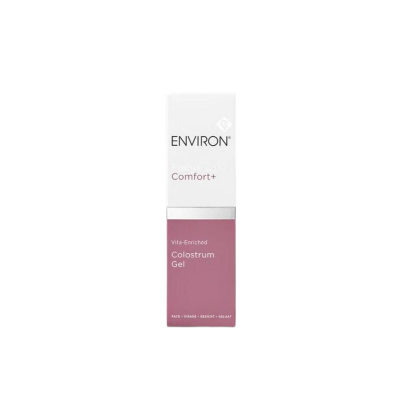 Environ Vita-Enriched Colostrum Gel in a clear jar, showing the nourishing gel with a smooth, creamy texture and label visible.