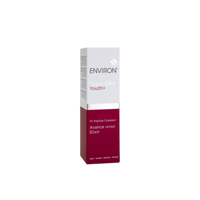 Environ Tri-Peptide Complex+ Avance DFP312® Elixir bottle with dropper, skincare product for anti-aging and skin renewal.