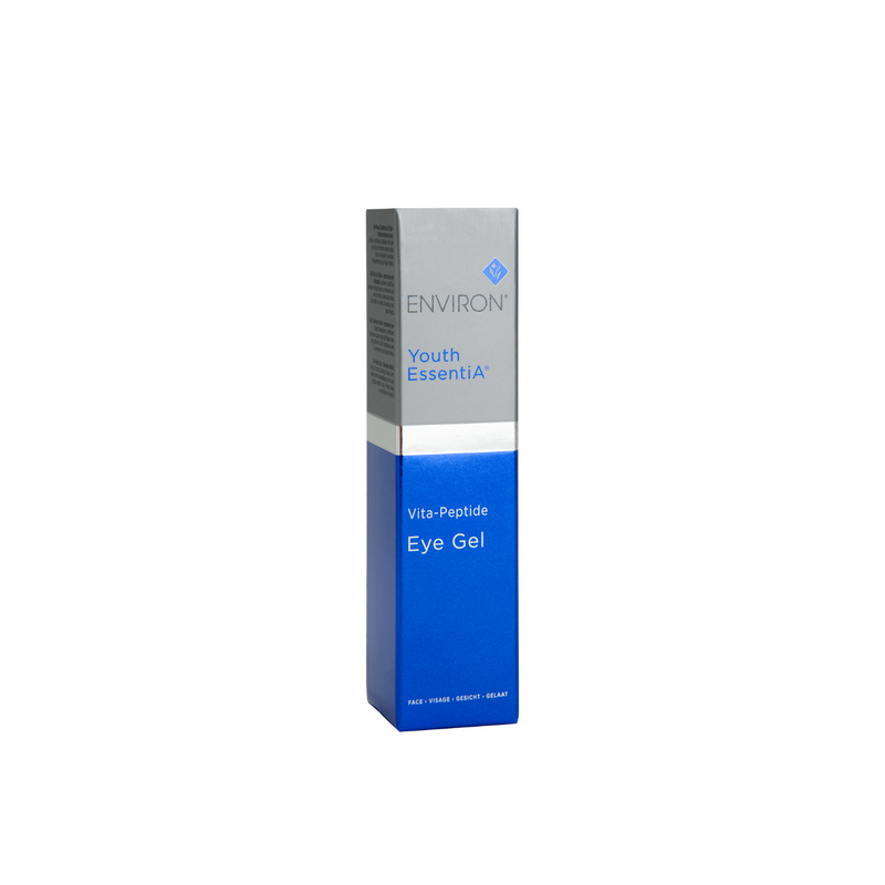 Environ Vita-Peptide Eye Gel in a clear jar with a white lid, showing the product label and gel inside.