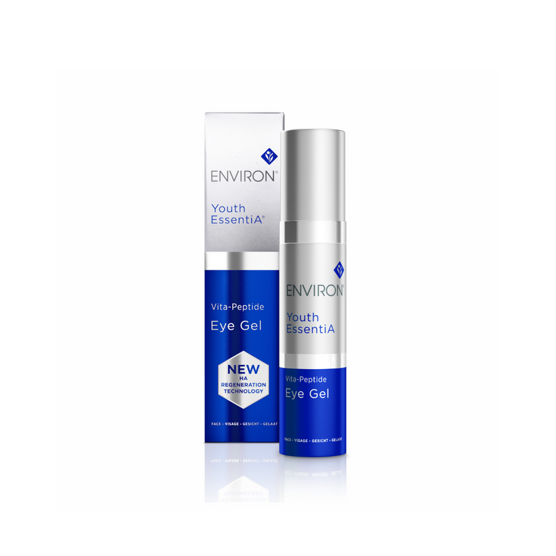 Environ Vita-Peptide Eye Gel in a sleek tube, designed to reduce puffiness and fine lines around the eyes.
