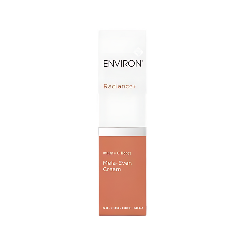 Environ Intense C-Boost Mela-Even Cream jar with orange and white packaging and a silver lid, shown on a white background.