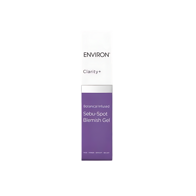 Environ Botanical Infused Sebu-Spot Blemish Gel in a small tube with green and white branding, designed for acne spot treatment.