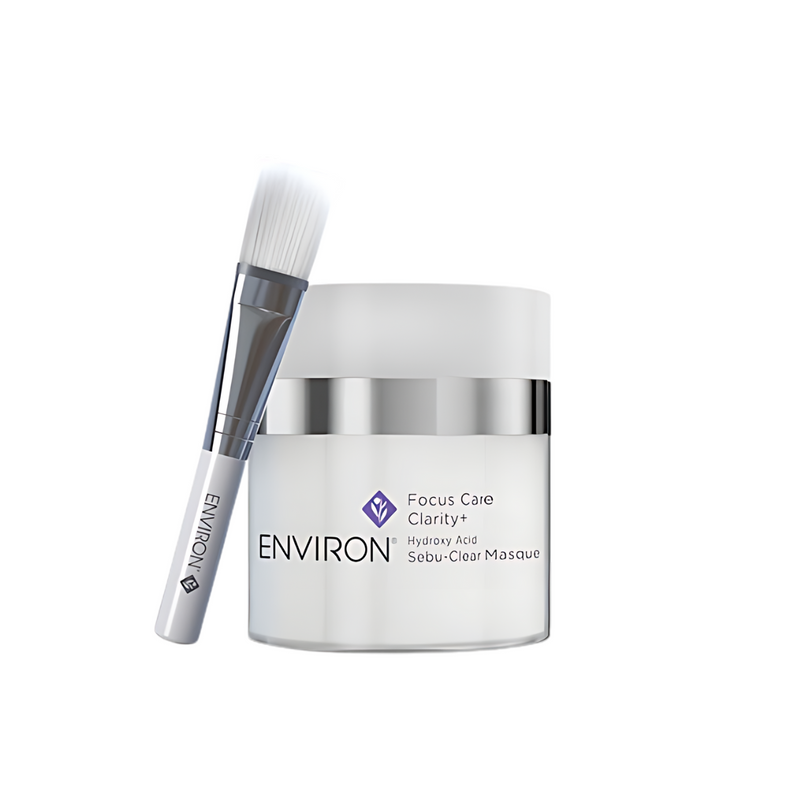 Environ Hydroxy Acid Sebu-Clear Masque in a white jar, featuring clear gel with exfoliating and clarifying properties.