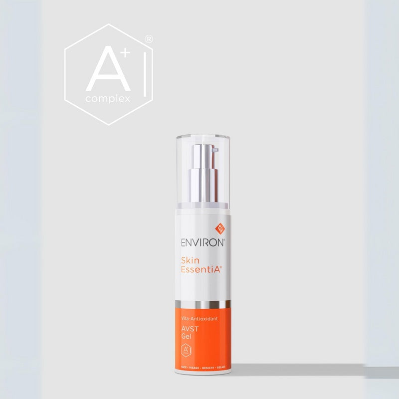 Environ Vita-Antioxidant AVST Gel in a clear jar with a pump dispenser, showing the skincare product's smooth gel texture.
