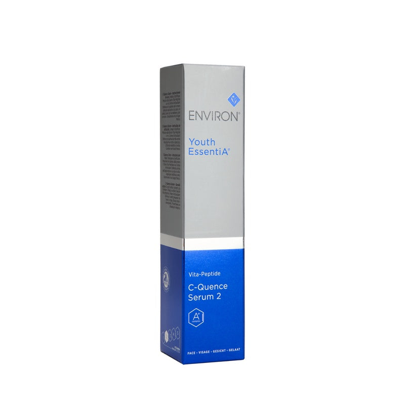 Environ Vita-Peptide C-Quence Serum 2 in a 35ml bottle, featuring a clear dropper and sleek packaging for youthful skin.