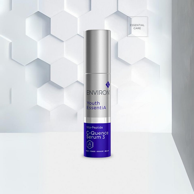 Environ Vita-Peptide C-Quence Serum 3 in a sleek bottle, with a dropper applicator and a clean, modern design.