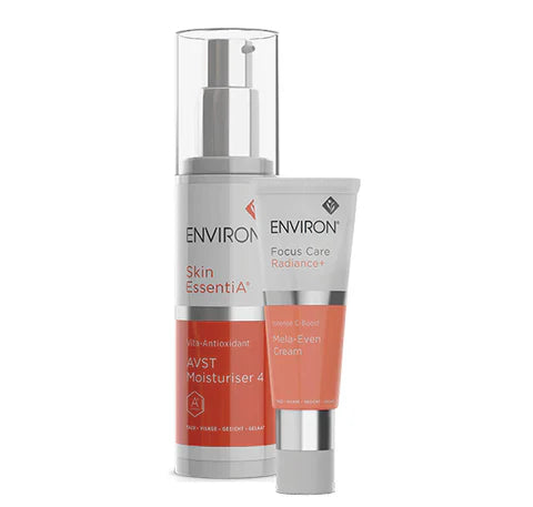 Environ SE Kit #4 featuring Intense C-Boost, Mela-Even Cream, and skincare products in sleek packaging for brightening and rejuvenation.